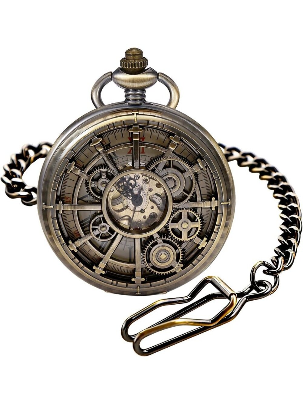 Men's Brown Vintage Style Hollow-Out Round Gear Arabic Mechanical Pocket Watch